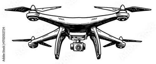 Quadcopter Drone Aerial Camera Flying Device Modern Technology Remote Control Black and White Outline Line Art Drawing