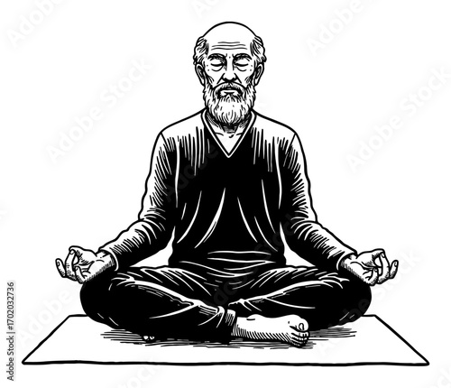 Grandpa Meditating Lotus Position on Yoga Mat Modest Clothing Front View Black and White Outline Line Art Drawing