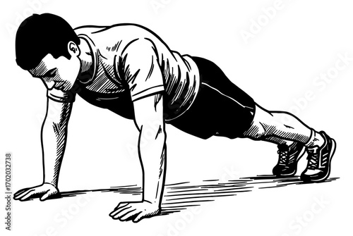 Man Doing Plank Exercise Bodyweight Workout in Black and White Outline Line Art Drawing