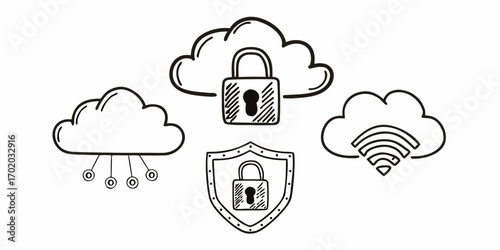 Illustration of cloud computing security with padlock and shield icons in a simple black and white style