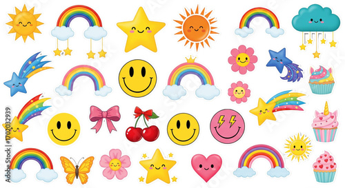 Cute happy whimsical cartoon sticker collection featuring rainbows suns stars smileys flowers hearts cupcakes and fun.