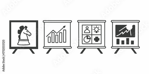 Four presentation boards displaying a chess knight, graph, charts, and data analysis visuals