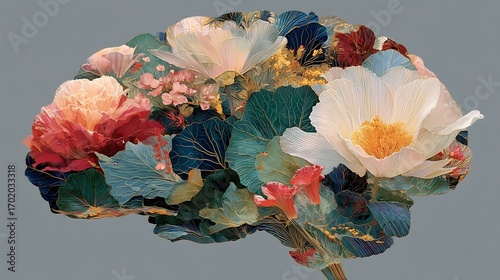 Mental health represented an illustrated brain filled with calming flowers and soft peaceful colors symbolizing balance