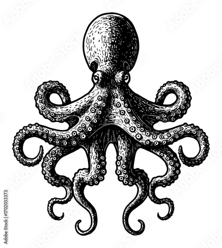 Symmetrical Octopus Centered Head Top Eight Arms Radiating Outward Black and White Outline Line Art Drawing