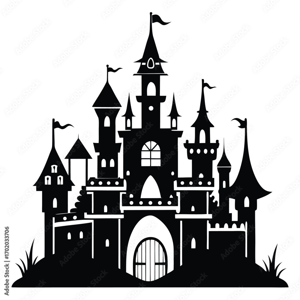 Fototapeta premium Majestic Black Silhouette Fantasy Castle with Towers, Flags, and Arched Gate Illustration