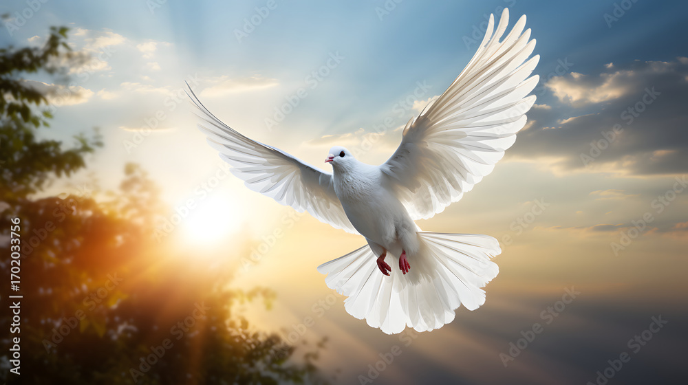 Fototapeta premium Majestic white dove soaring through a clear blue sky illuminated by sunlight