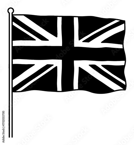 Detailed United Kingdom Flag Waving Black and White Outline Line Art Drawing Vector Icon