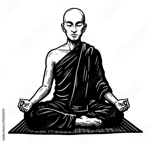 Monk Meditating in Lotus Position on Yoga Mat Black and White Outline Line Art Drawing Peaceful Pose