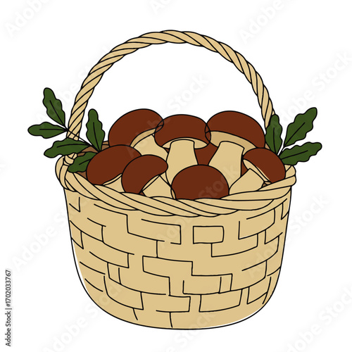 Abundant basket overflowing with fresh forest porcini mushrooms and green leaves, a delightful harvest bounty.