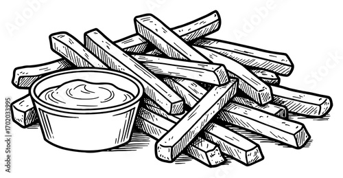 Delicious French Fries and Dipping Sauce Black and White Outline Line Art Drawing Isolated Object