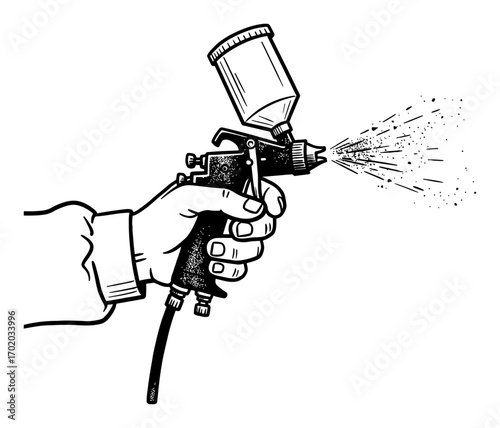 Hand Holding Black and White Spray Gun Spraying Paint Simple Style Black and White Outline Line Art Drawing
