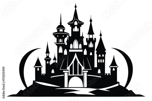 Black Silhouette Illustration of a Fantasy Castle with Crescent Moon and Hill Base