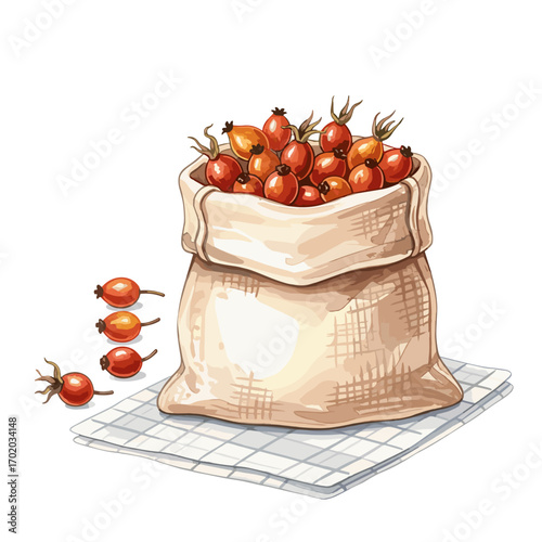 Paper bag with dried rose hips on checkered napkin isolate on white background