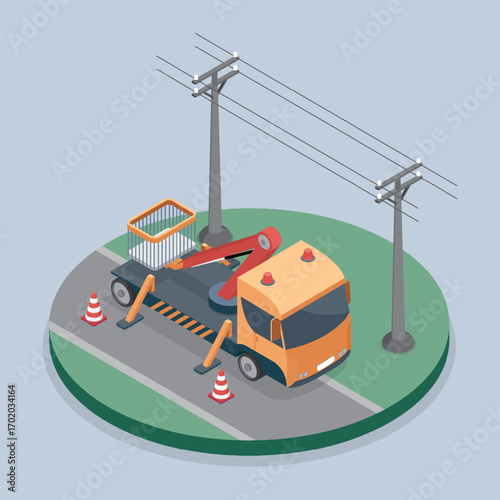 Maintenance working electrical wires line use boom lift truck. 3d flat isometric vector illustration.