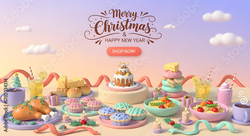 Whimsical christmas celebration with festive treats and sweet desserts on a gradient sky background