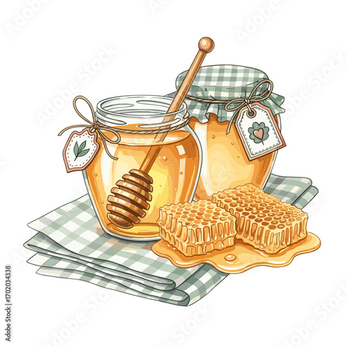 Glass jar with honey and honeycomb on napkin isolate on white background