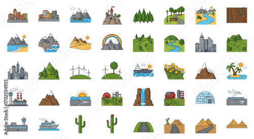 Colorful vector landscape icons set. Flat design illustrations of nature, city, mountains, desert, forest, and ocean environments.