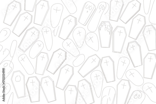 Outlines of coffins and ghosts scattered on a white background creating a spooky halloween pattern