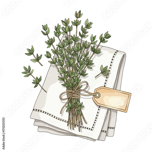 Bundle of fresh thyme with paper tag on napkin isolate on white background