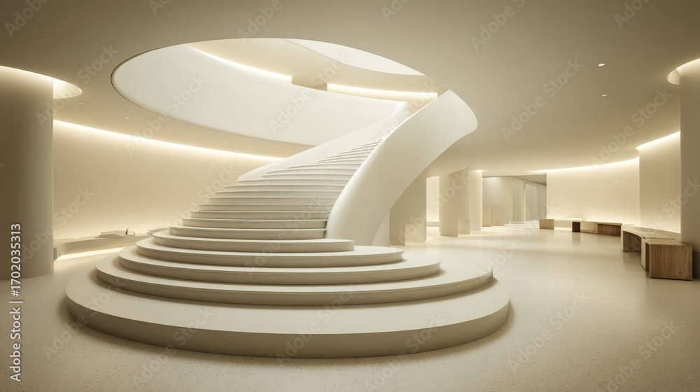 Obraz premium Elegant Modern Staircase Interior: Architectural Design with White Steps and Ambient Lighting for Real Estate Visualization