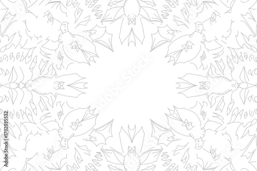 Kaleidoscopic pattern featuring sketched bats and leaf like shapes on a white background design art