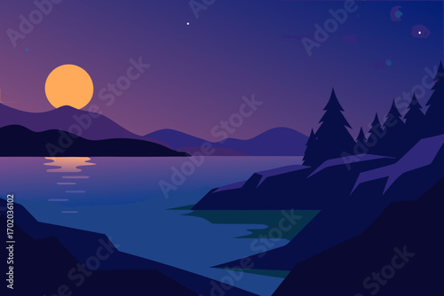 Evening Glow on Peaceful Shores Vector Illustration