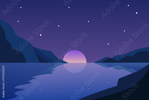Evening Glow on Peaceful Shores Vector Illustration