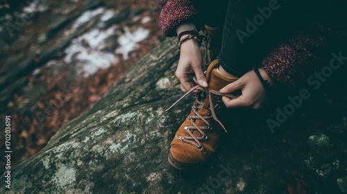 Close-up of hands tying shoelaces on hiking boots.