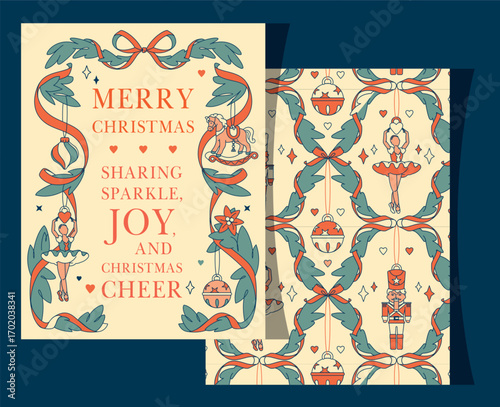 Nutcracker-inspired Christmas frame with ballerina and ornaments. Vintage holiday greeting card in vertical 8.5x11 format for festive celebration.
