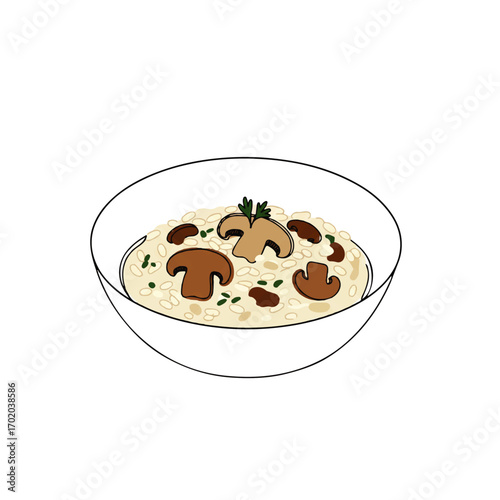 Delicious creamy porcini mushroom risotto served in a white bowl with fresh parsley garnish