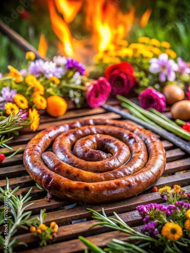 Wallpaper Mural Sizzling Boerewors sausage on a wooden braai grill surrounded by lush greenery and vibrant flowers Torontodigital.ca