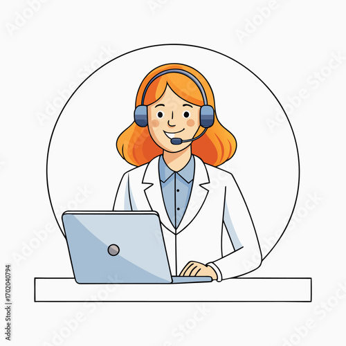 Woman with headset and laptop in circle frame microphone