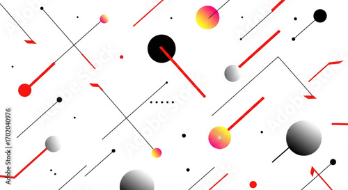 Vibrant modern abstract geometric pattern with dynamic colorful gradient spheres, red lines, and black dots on a clean white background.