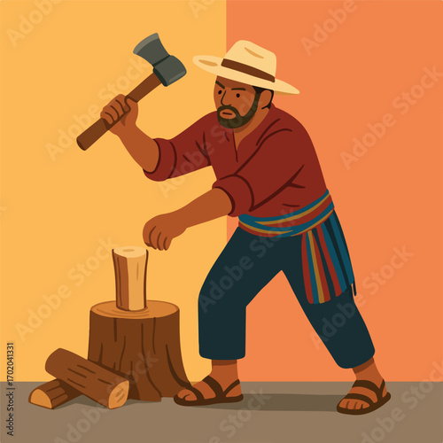 Campesino latino con su hacha cortando madera