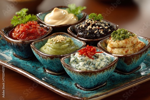 Colorful Culinary Spread of Various Dips and Sauces in Bowls