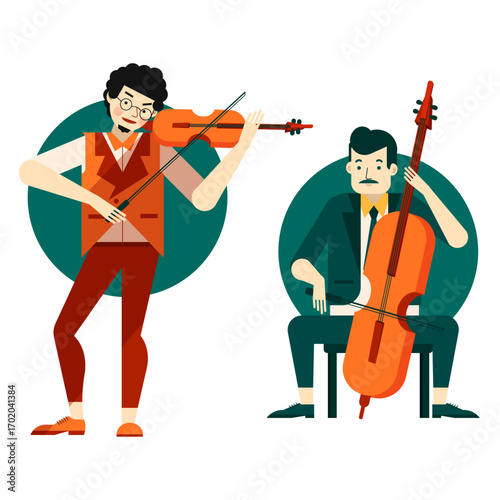 Violinists icons colored cartoon characters sketch