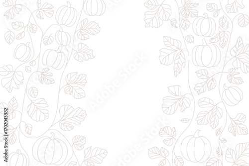 White background with pumpkin and leaf outlines arranged on both sides creating a frame effect