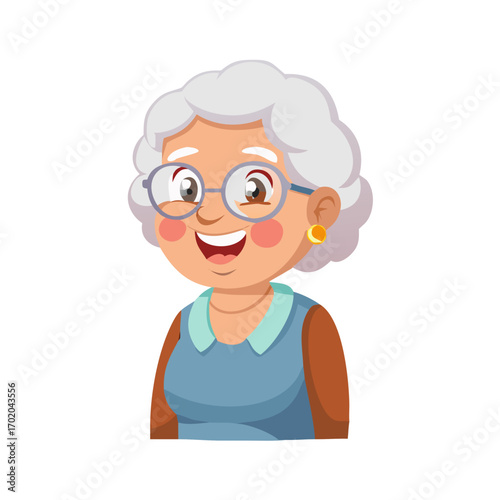 A cheerful elderly woman depicted as a senior lady avatar beams with a smile This grandmother sporting glasses and silver hair is brought to life in a cartoon 2d illustration showcasing a ch See Less
