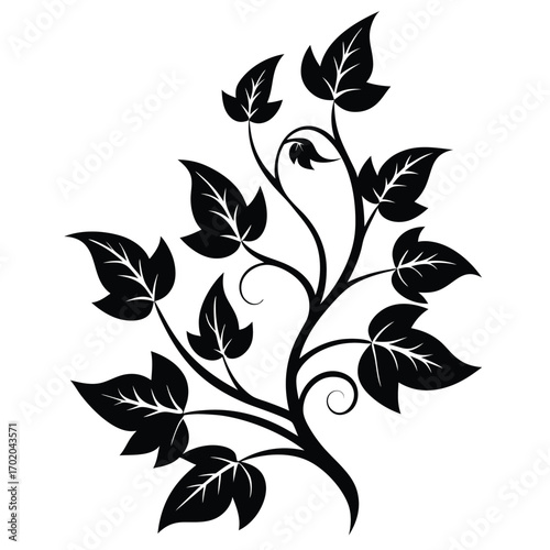 Elegant Black Floral Design with Curled Branches and Pointed Leaves Silhouette Illustration