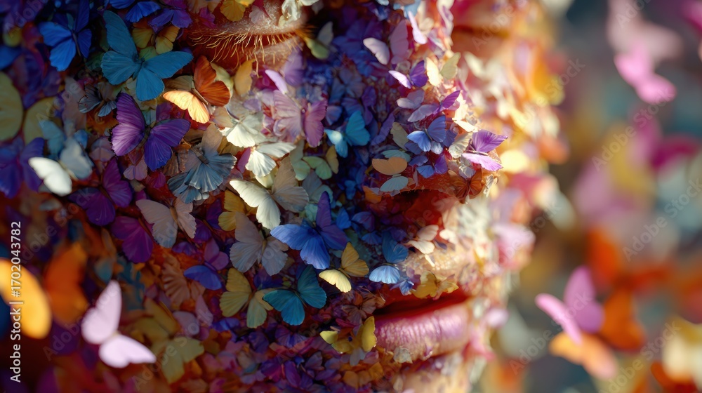 Fototapeta premium Surreal portrait of a face covered with colorful butterflies in motion.