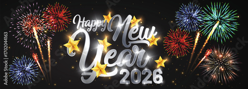 Happy new year 2026 Elegant text with light effect and fireworks.
