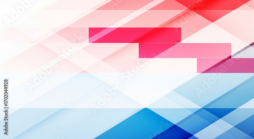 Modern abstract geometric background with vibrant red, pink, and blue overlapping shapes, diagonal lines, and a clean digital design.