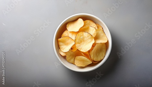 bowl of crispy organic cassava chips in a white ceramic bowl centered on a textured gray background with ample copy space around the bowl