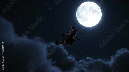 Mysterious witch silhouette flies across a full moon night sky.