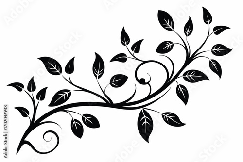 Elegant Black and White Silhouette of a Branch with Leaves and Swirls Design