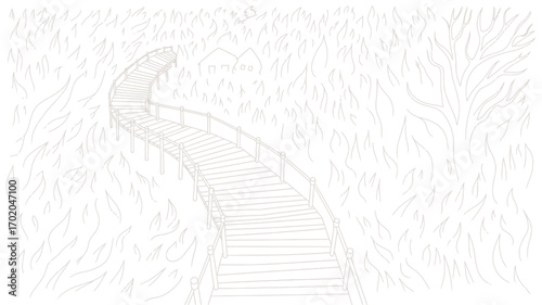 Sketch of a winding wooden bridge leading to a house surrounded by trees and foliage in a forest