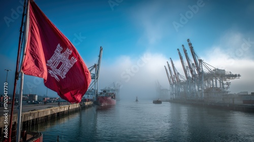 Port with Cranes and Flag, Gibraltar Overlooking Calm Waters on a Foggy Day