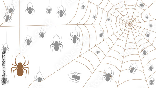 Illustration of spiders hanging from webs with one brown spider among the gray spiders on white background