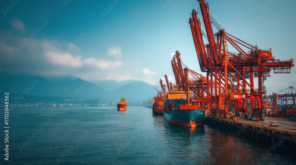 Obraz premium Busy Container Port Scene with Cargo Ships, Cranes, and Distant Mountain Backdrop in Vancouver
