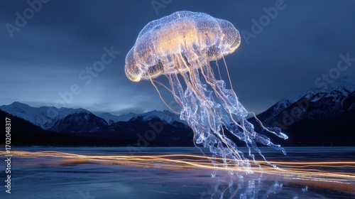 Wallpaper Mural Glowing jellyfish floating in the air above a mountain landscape at twilight. Torontodigital.ca